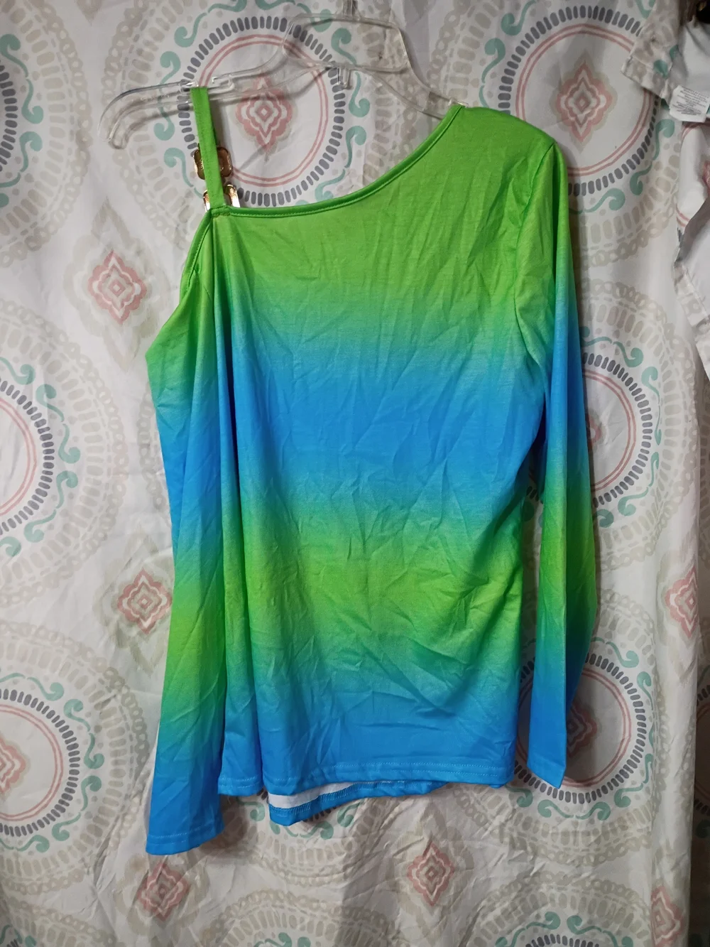 Asymmetrical One-Shoulder Gradient Long Sleeve Tee — Blue & Green